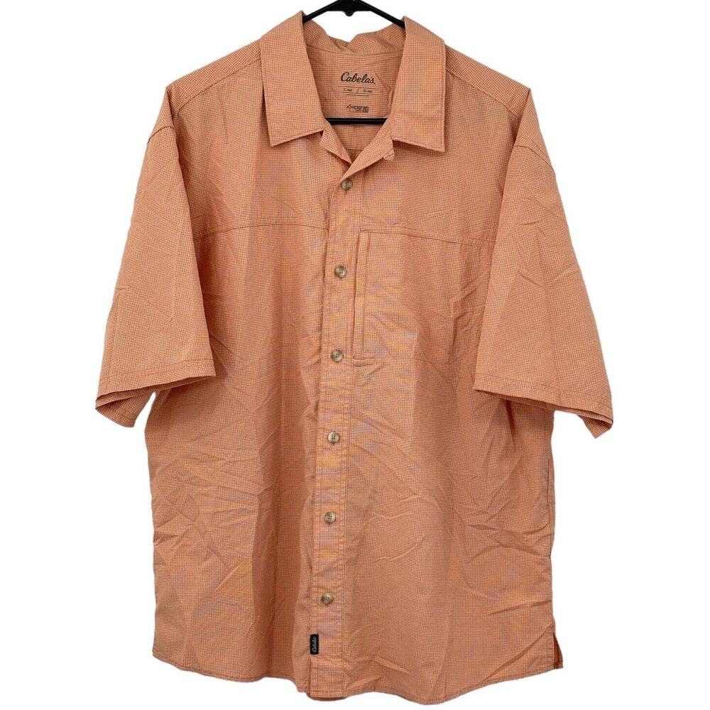 Cabelas Shirt Mens Large Button Up Orange Short Sleeves Hiking Fishing Outdoors